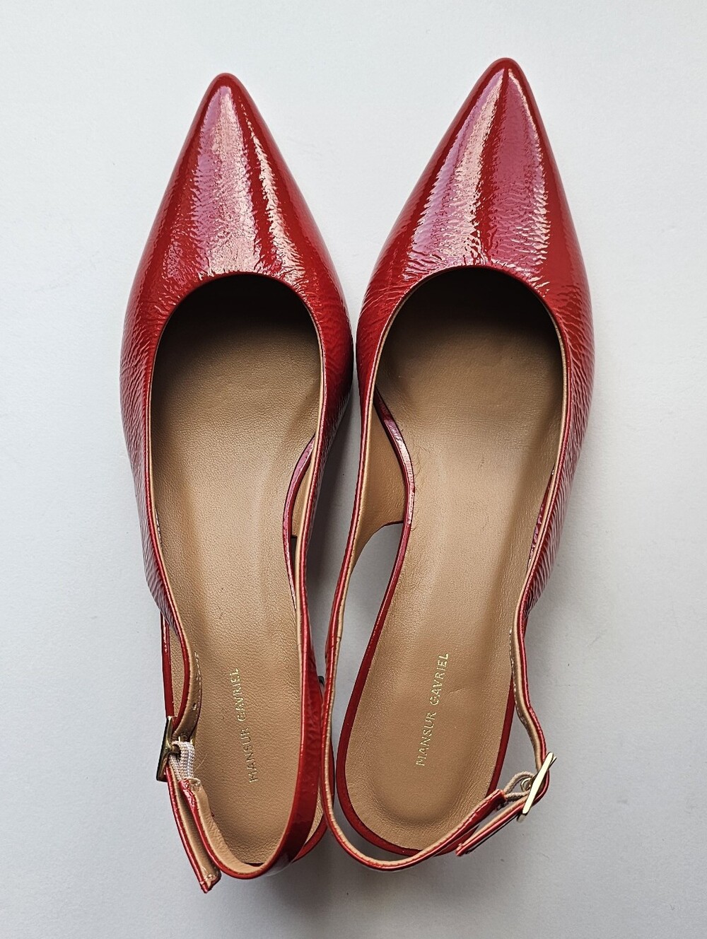 NEW MANSUR GAVRIEL Patent Leather Pointy Toe Slingback Pumps in Poppy Sz EU 37.5